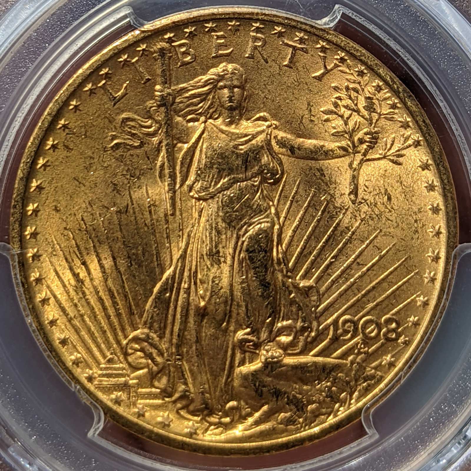 1908 no motto $20 st. gaudens pcgs ms64 rough rider hoard