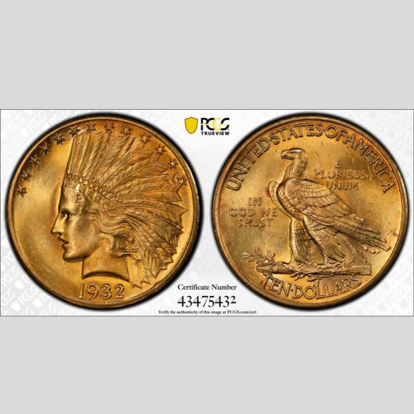 1932 $10 gold indian pcgs ms64+