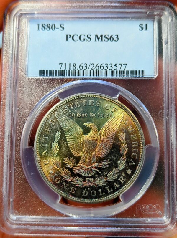 1880 s morgan dollar ms63 pcgs rainbow tone